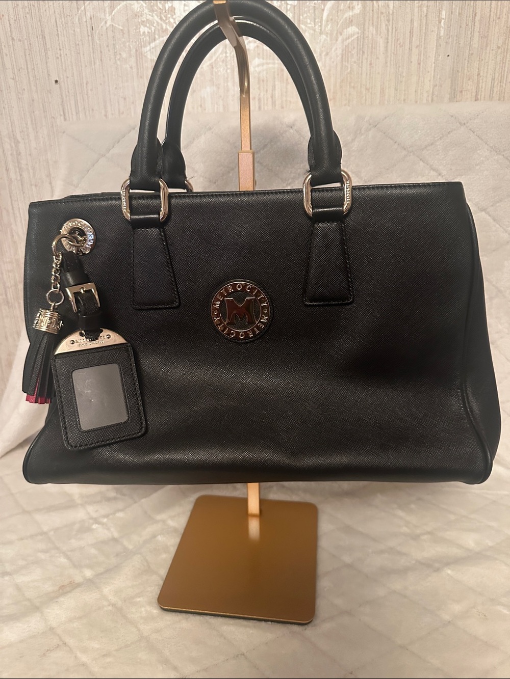 MetroCity Black Saffiano Satchel with Charm Accent